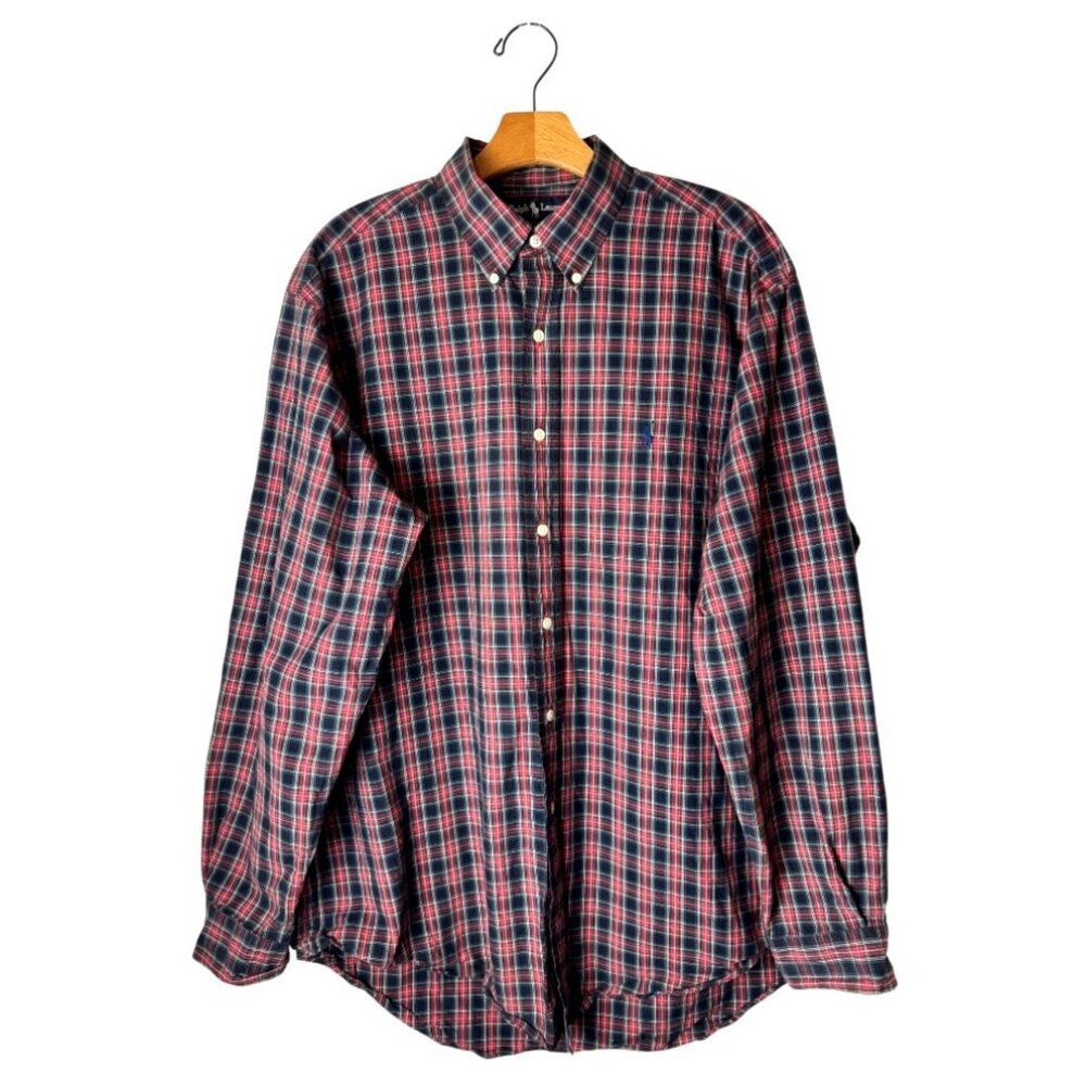 Ralph Lauren‎ Shirt Men 16 Red Black Plaid Cotton Yarmouth Button Down Preppy